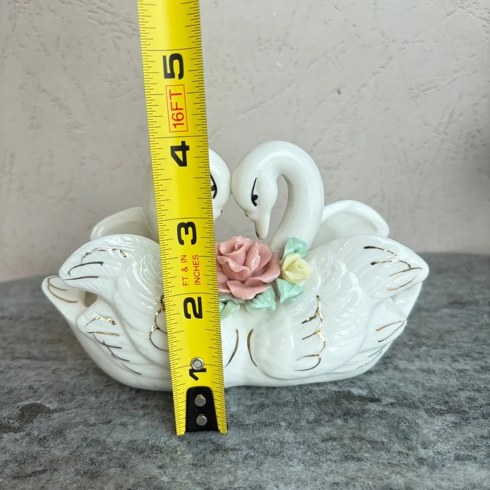 Vintage White Porcelain Double Swan Planter Gold Gilt Ceramic Roses Trinket Dish